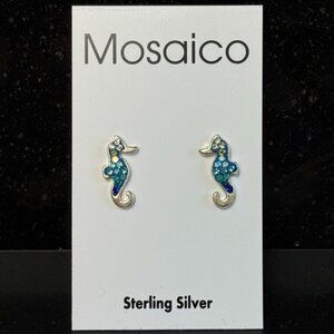 Sterling Silver Seahorse Stud Earrings Austrian Crystals Blue Glass Mosaico